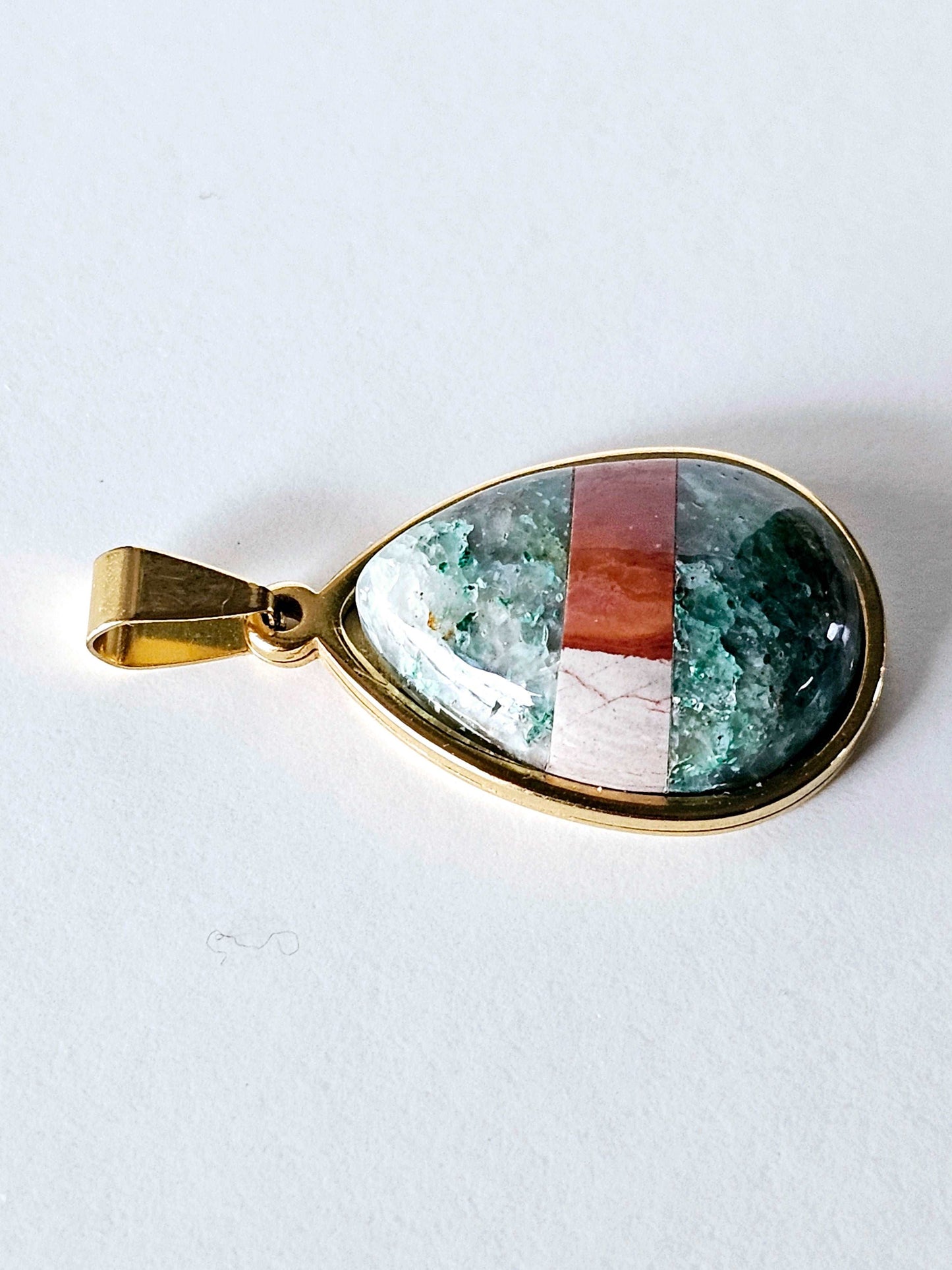 Elegant Gold Plated Teardrop Pendant with Chrysocolla and Jasper- Unique Statement Jewelry Scandinavian Gem Design