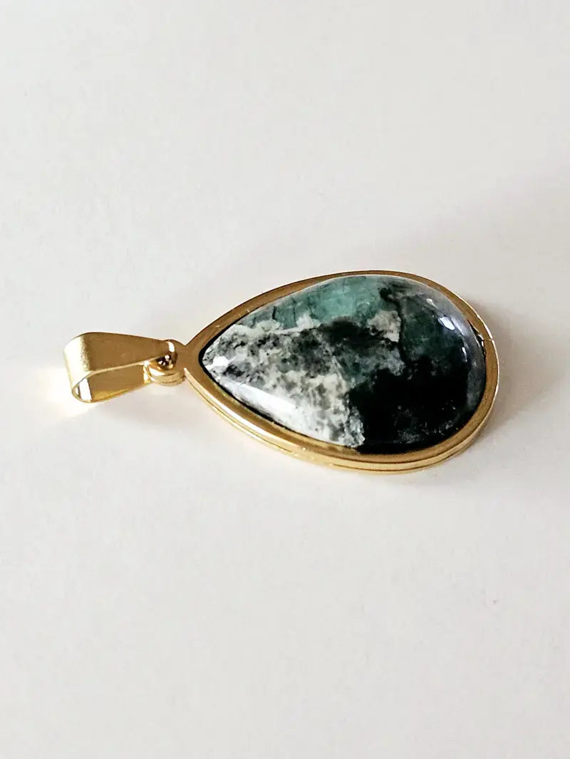 Elegant Gold Plated Teardrop Pendant with Emerald - Handcrafted Sustainable Jewelry Scandinavian Gem Design