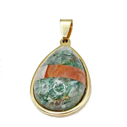 Elegant Gold Plated Teardrop Pendant with Chrysocolla and Jasper- Unique Statement Jewelry Scandinavian Gem Design